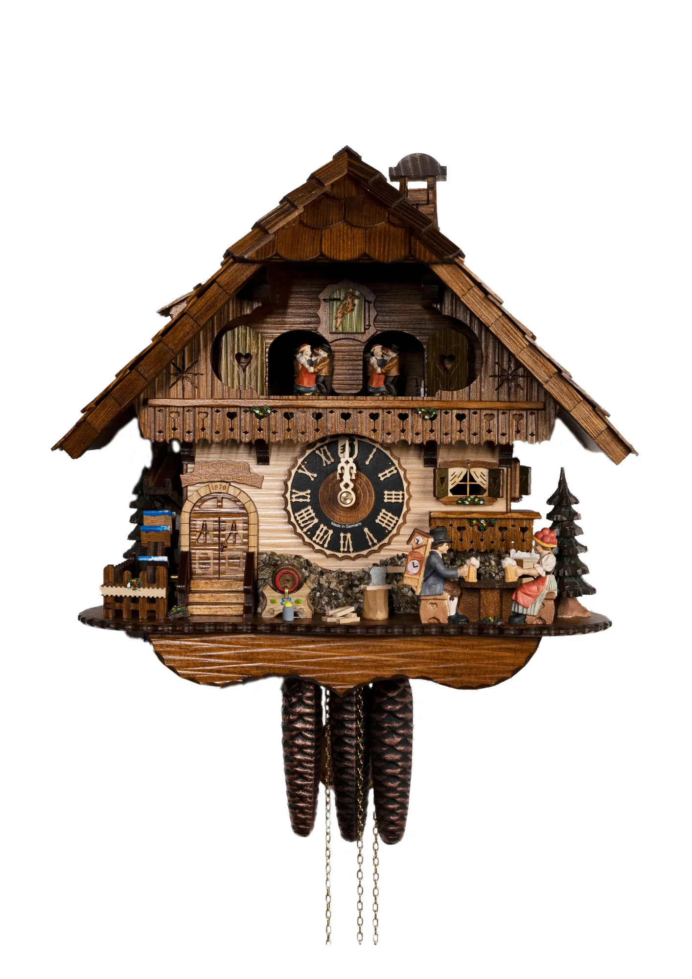 Cuckoo Clock  Hofgut Sternen  1 Day Movement with Music (1) Lovely black forest mechanical cuckoo clock with a beer a black forest lady in tradtional dress together with cuckoo clock salesman drinking a beer in front of the chalet house that carries our name Hofgut Sternen. As the music plays they hit beer steins