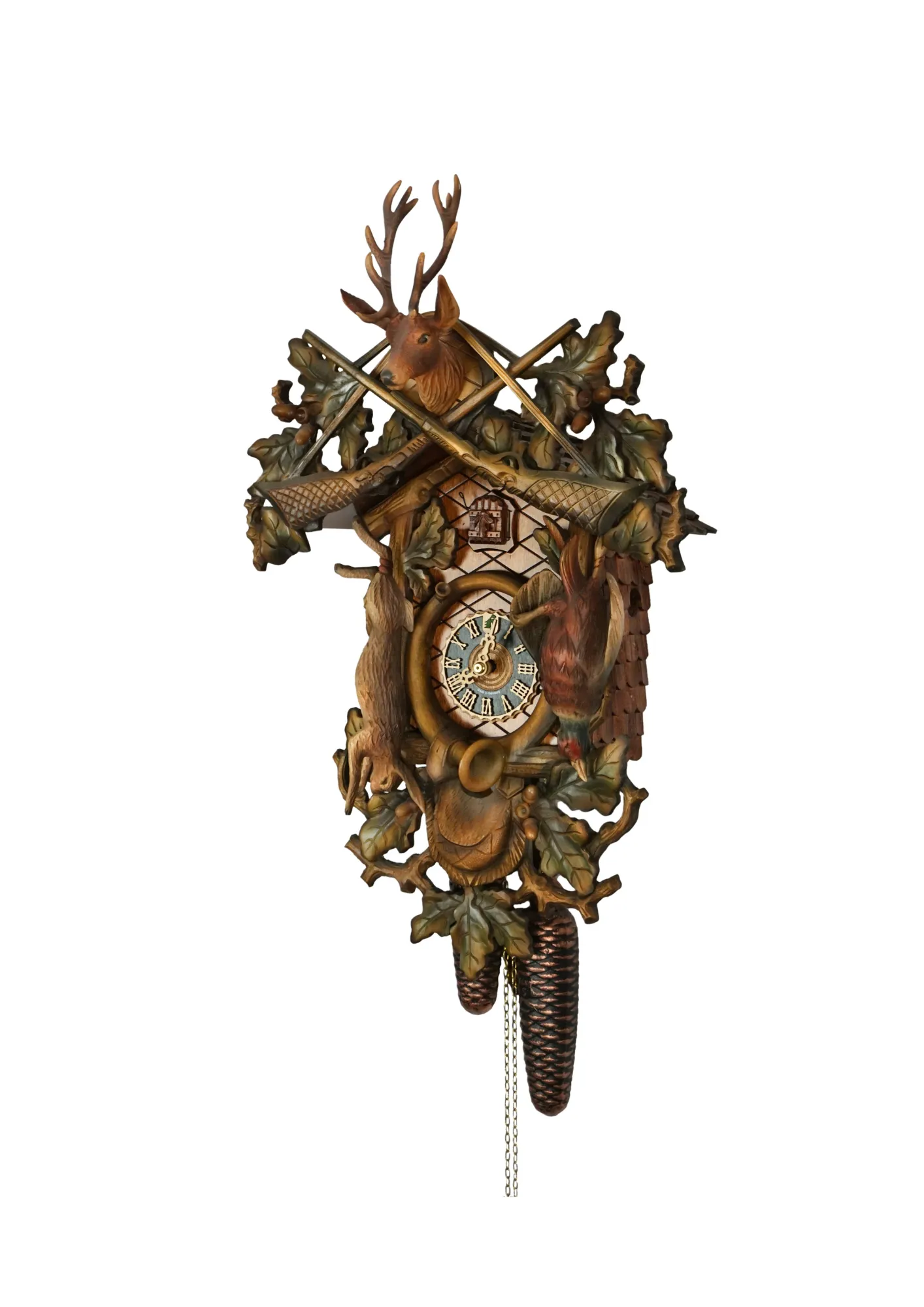 Cuckoo Clock  Hunter Style, Colored  8 Day Movement (2) beautiful colorful hand carved traditional style hunter clock spray painted to the finest detail, decorated with rabbit, phasan and deer head as hauting trophies made by Hönes