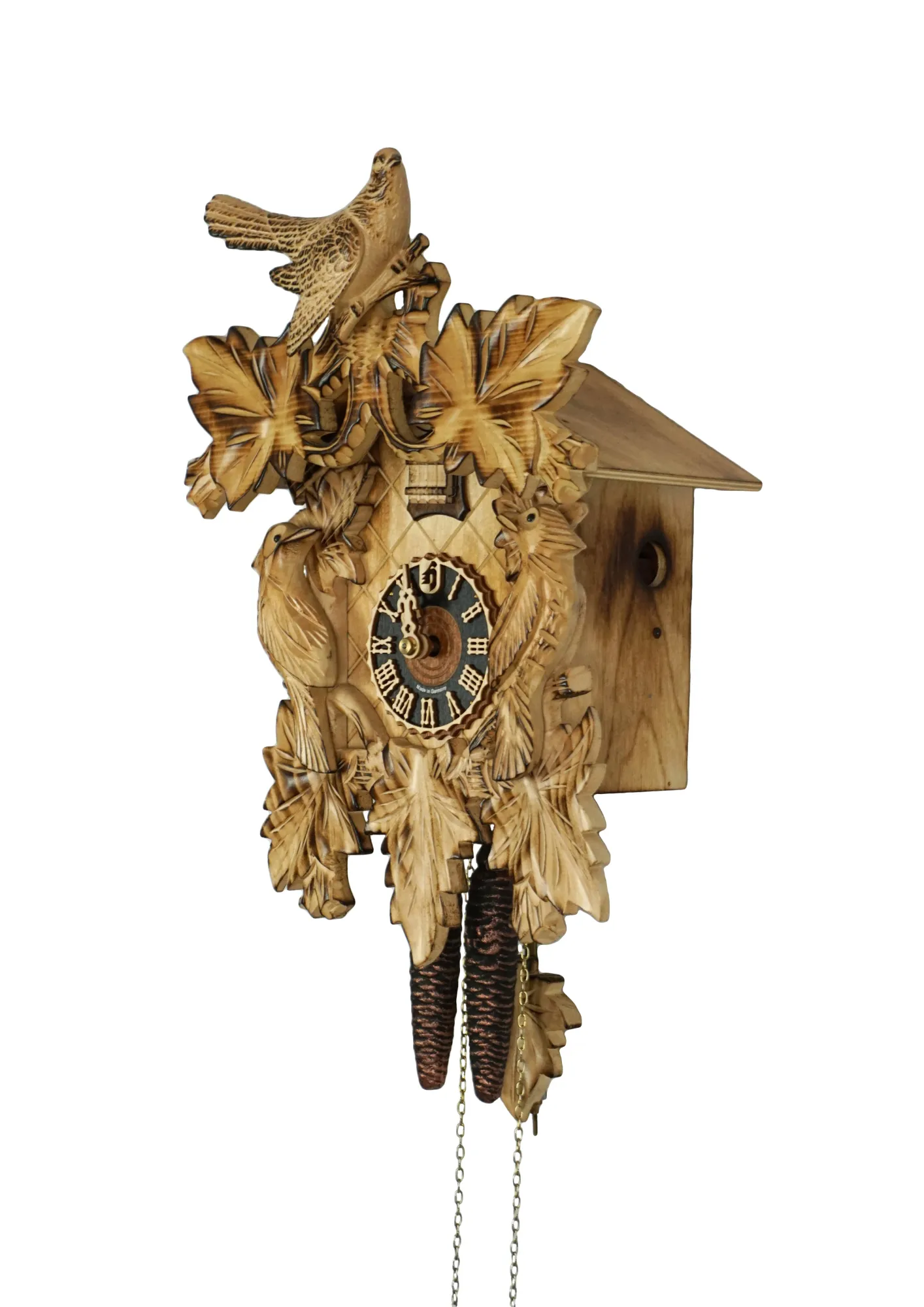 Cuckoo Clock  Natural Color  1 Day Movement (2) Unusual original hand carved authentic black forest cuckoo clock in natural color of the wood with three birds one day movement made by Hönes