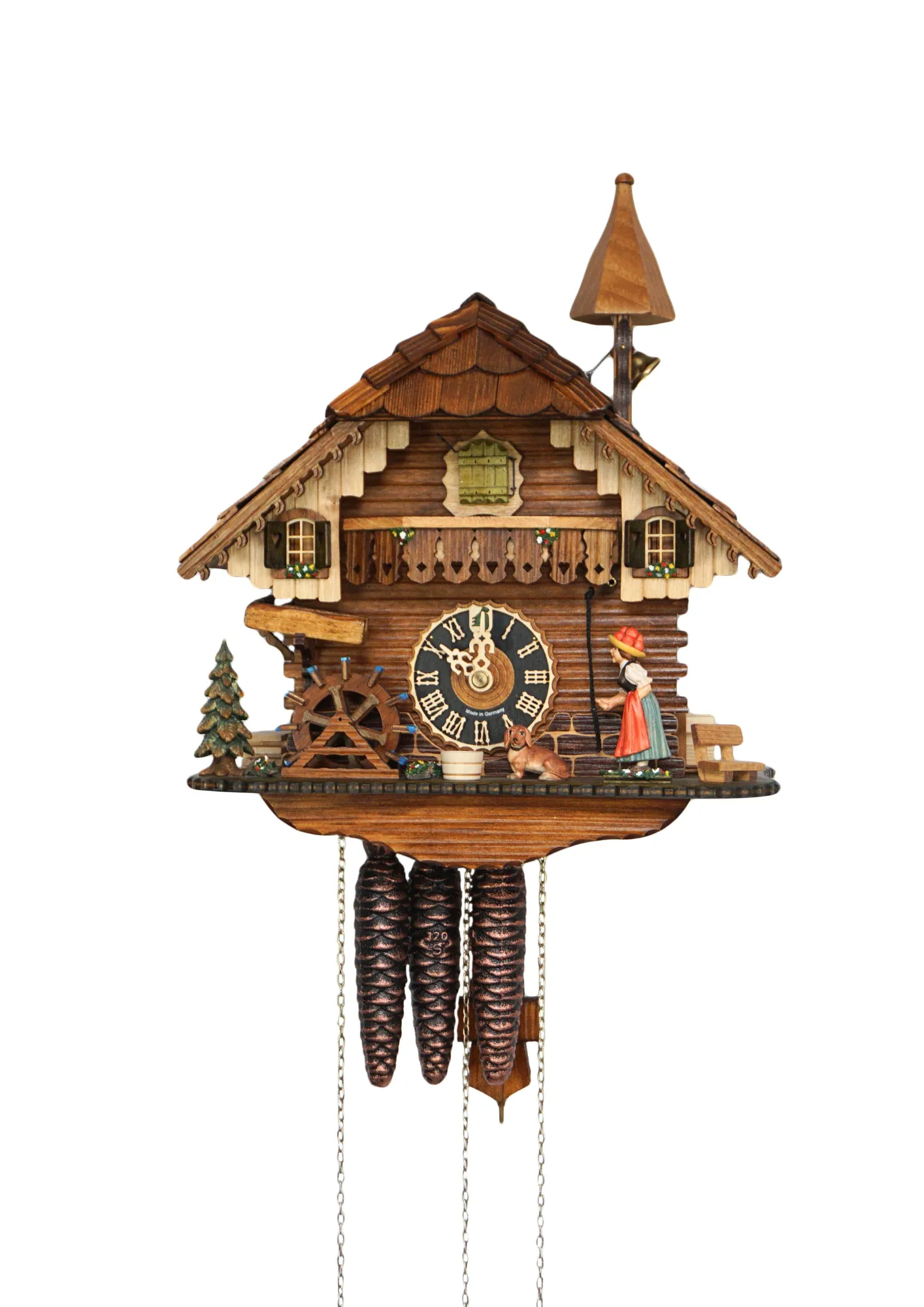 Chalet style authentic mechanical black forest cuckoo clock with shingle roof, church tower bell and black forest lady wearing traditional clothing, the lady rings the bell together with the cuckoo sound, music plays and water wheel turns. This clock has 