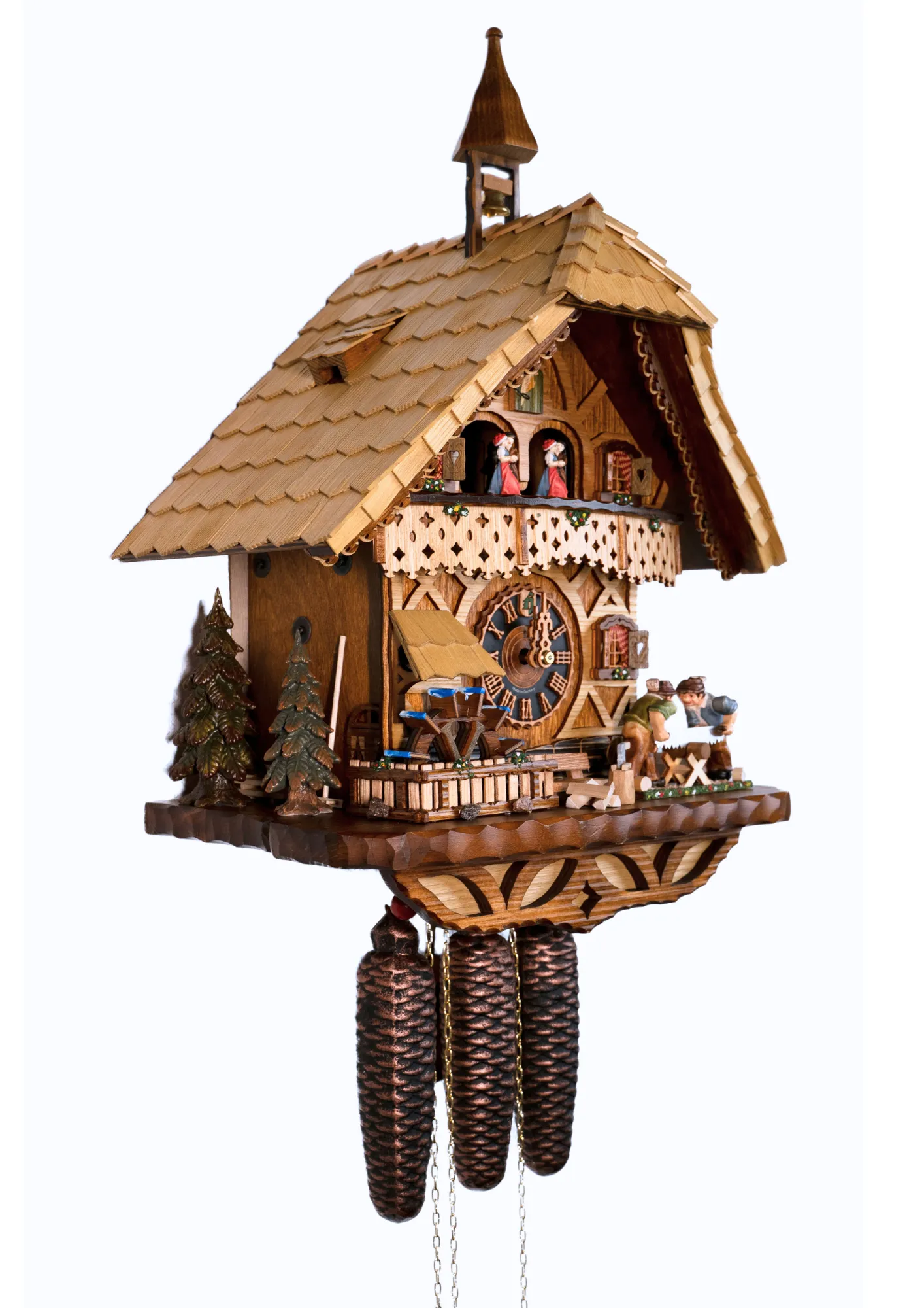 Cuckoo Clocks  Wood Sawyers  8 Day Movement with Music (2) Stunning chalet style shingle roof beige mechanical black forest cuckoo clock with music representing the wood works in the area. As the music plays wood sawyers are sawing the wood, water wheel turns and the dancers dance. The clock has automatic night o