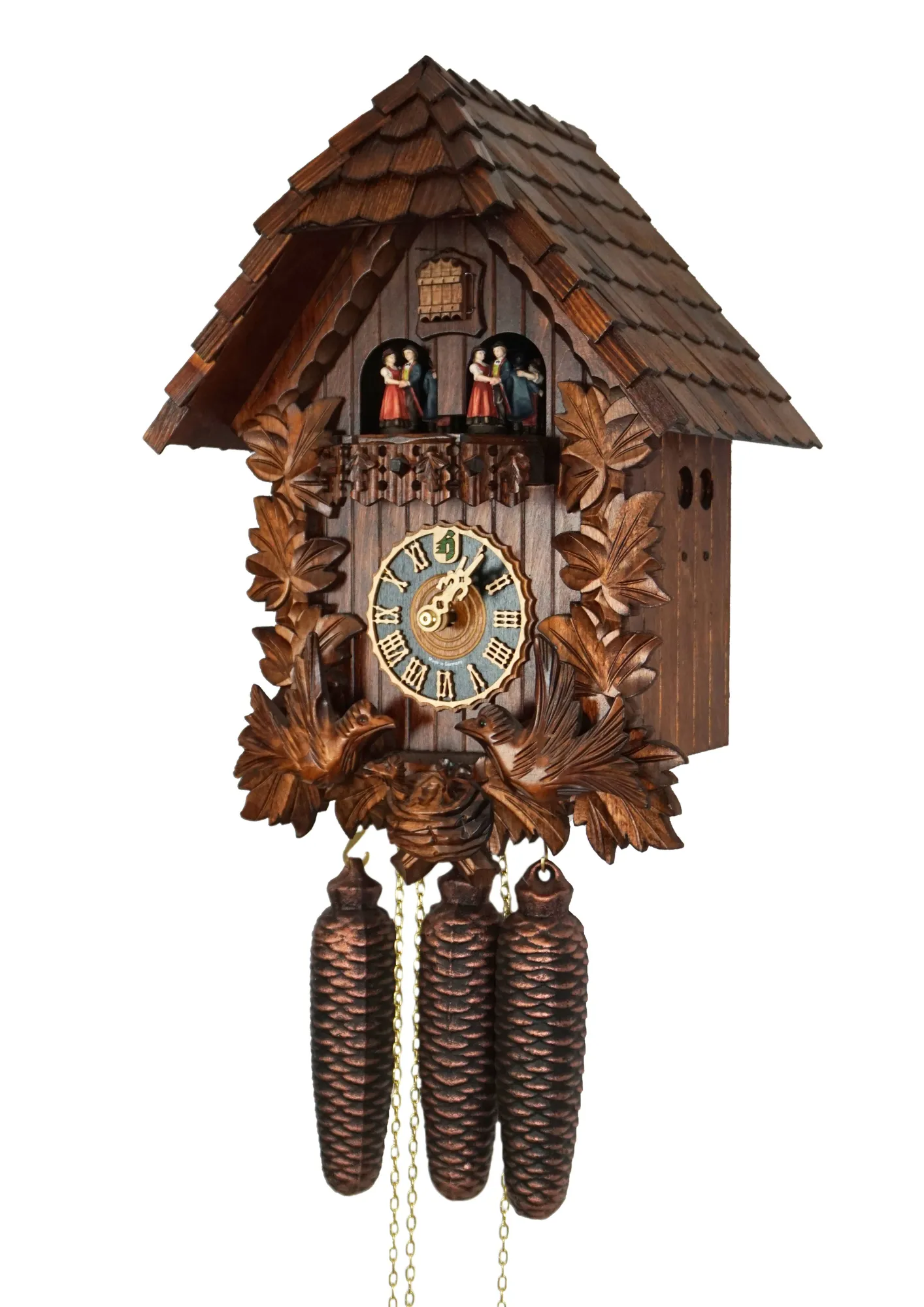 Cuckoo Clock  Moving Birds  8 Day Movement with Music (2) Large and carved mechanical 8 days black forest cuckoo clock with unusual design, while the frame is decorated in traditional style, the roof is covered in shingles. Two birds at the front are moving every time cuckoo comes out and feeding the offspring i