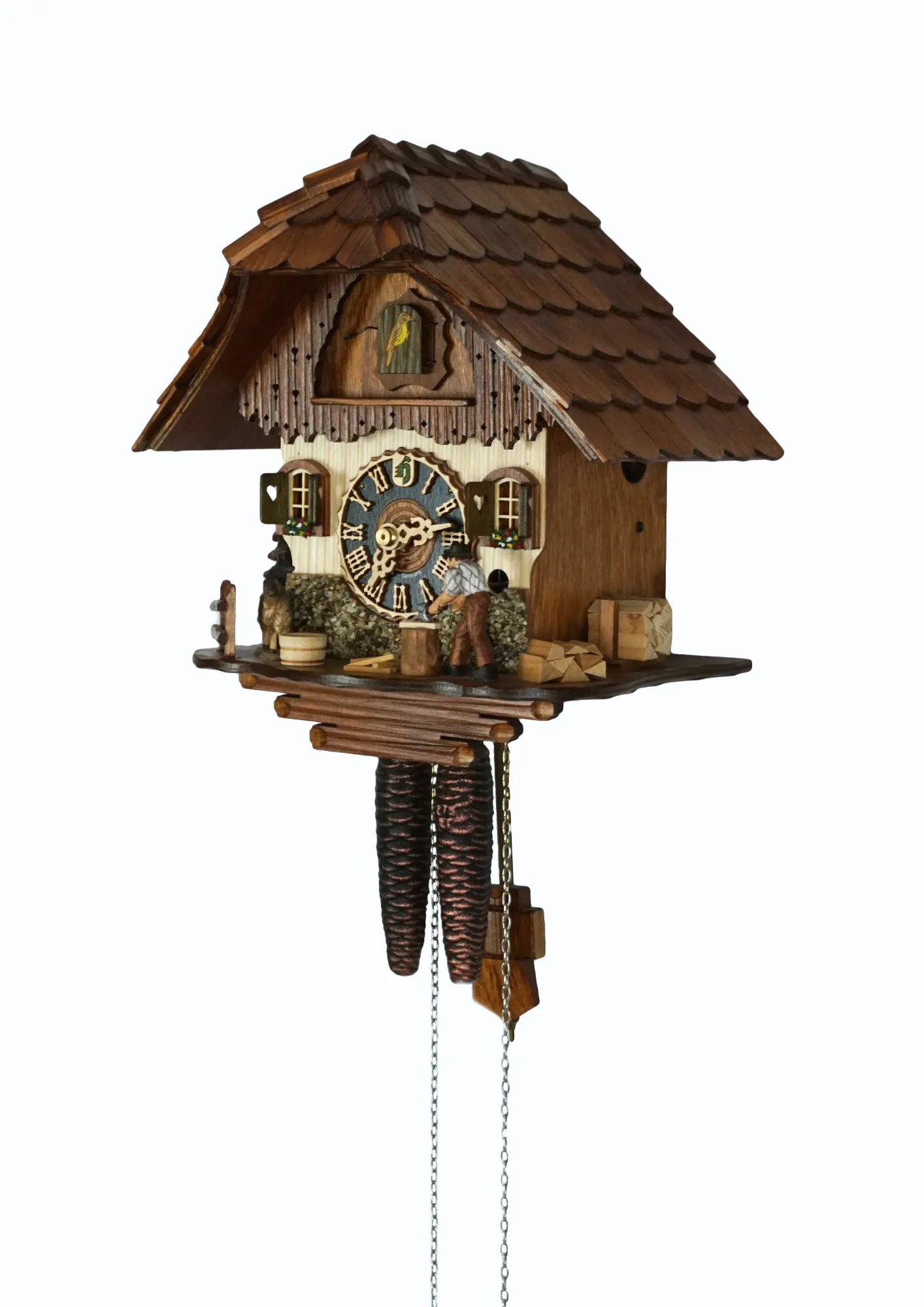 Cuckoo Clock  Wood Chopper  1 Day Movement (2) Small mechanical black forest cuckoo clock, chalet house decorated with a real stones with wood chopper and a nicely carved goat, made by Hönes