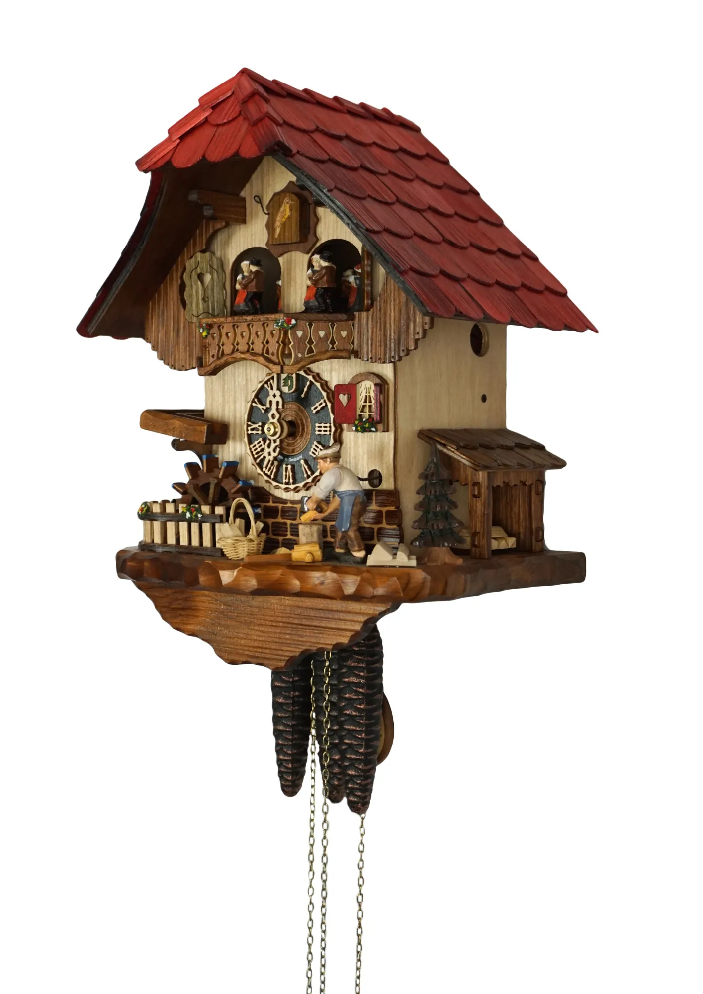 Cuckoo Clock  Wood Chopper  1 Day Movement with Music (2) chalet authentic black forest cuckoo clock with a red shingle roof and a wood chopper, as the music plays dancers dance, wood is being chopped and the water wheel turns, the clock is made by Hönes
