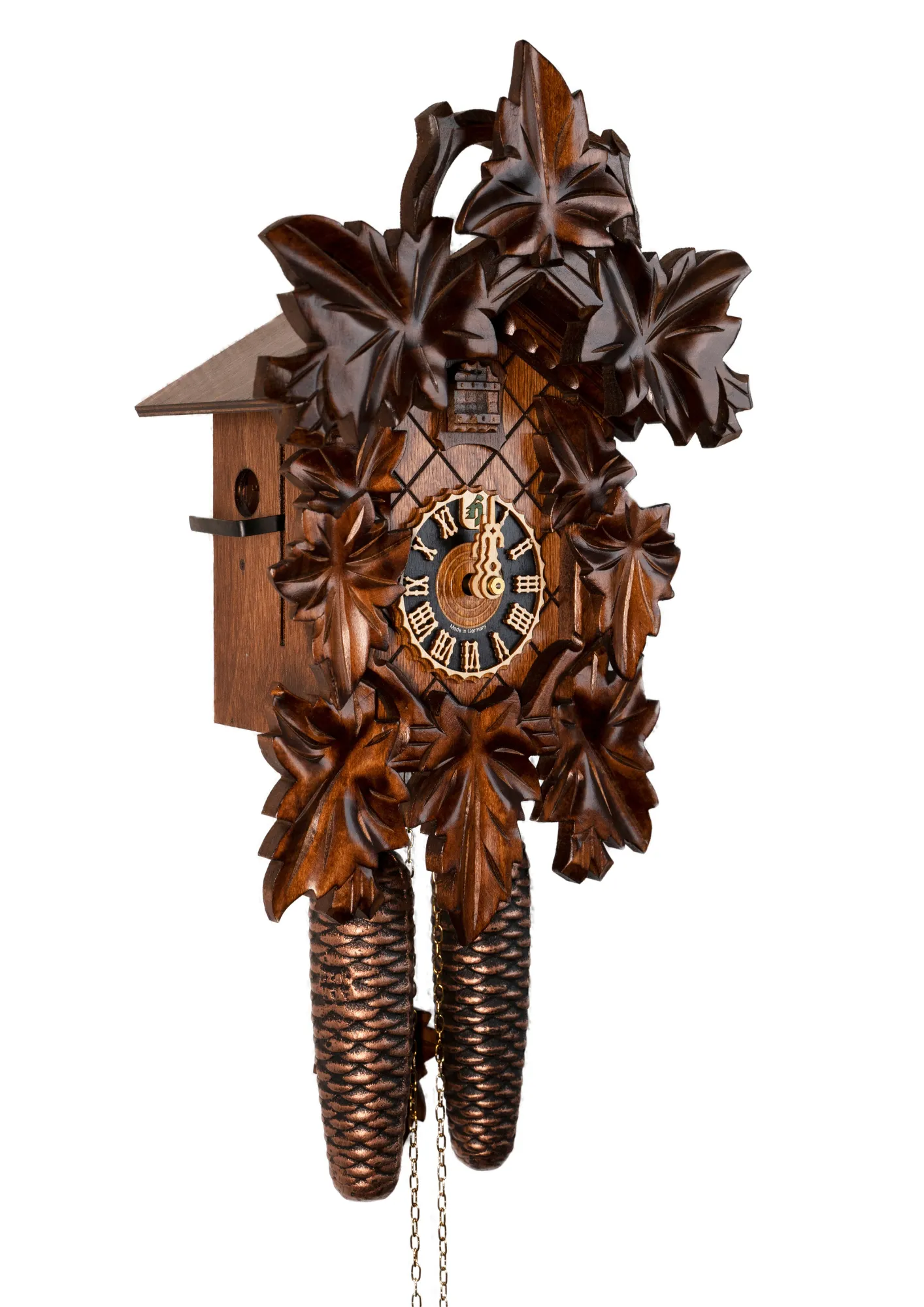 Cuckoo Clock  Wine Leaves  8 Days Movement (2) Middle sized traditional hand carved brown mechanical cuckoo clock decorated with wine leaves with 8 days mechanism, made by Hönes