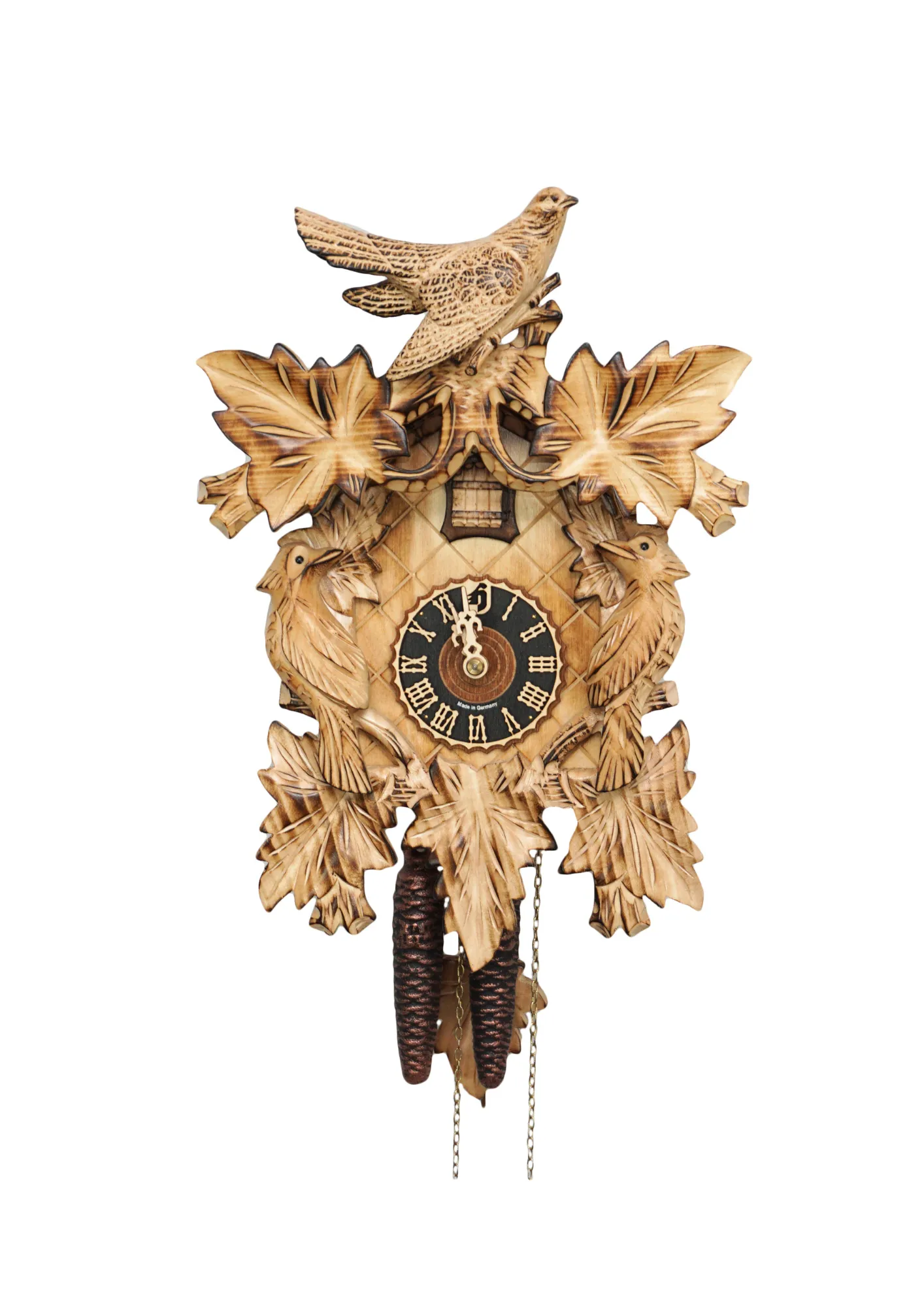 Cuckoo Clock  Natural Color  1 Day Movement (1) Unusual original hand carved authentic black forest cuckoo clock in natural color of the wood with three birds one day movement made by Hönes