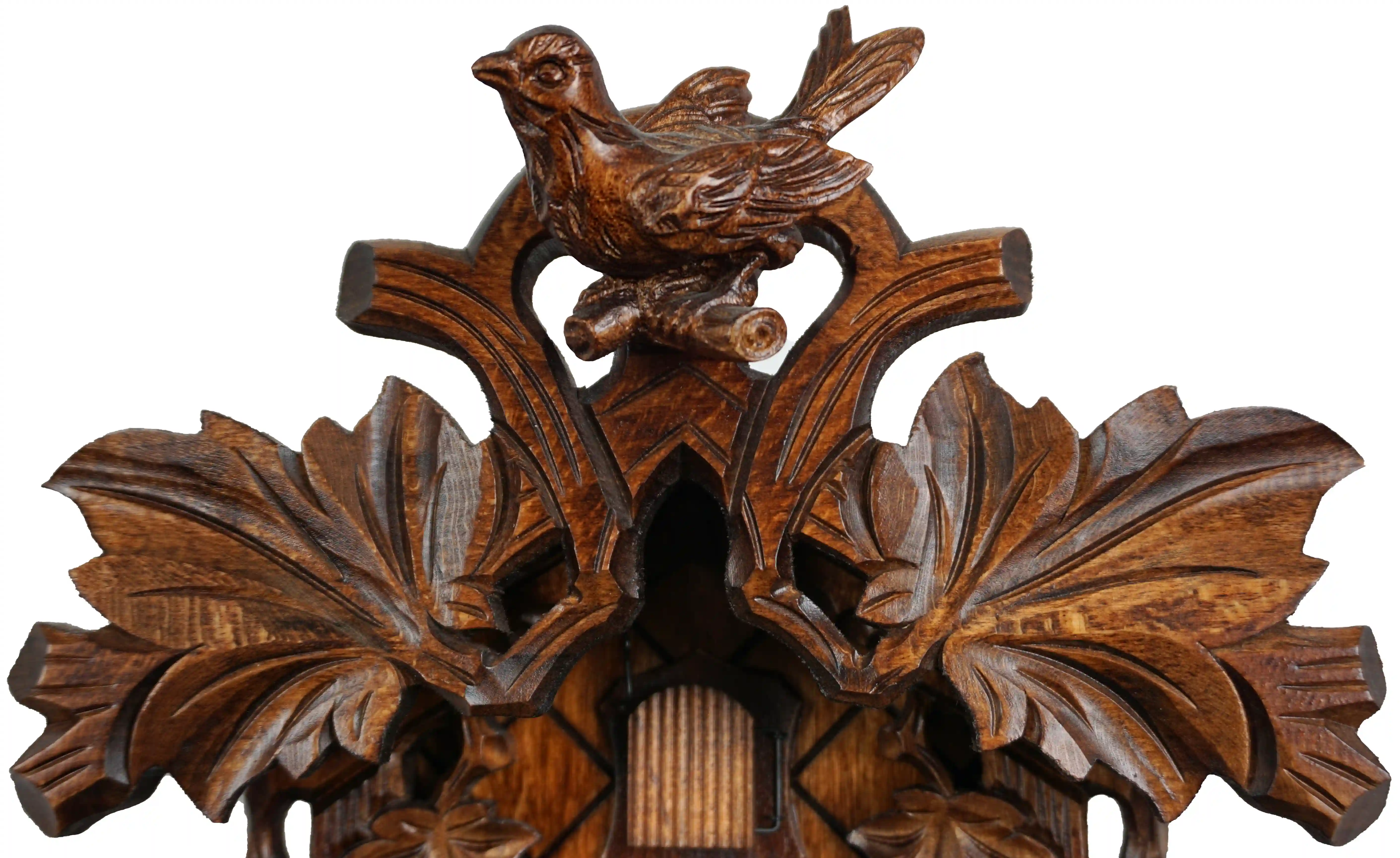 Cuckoo Clock  Wildlife  1 Day Movement (5) Hand carved traditional mechanical brown black forest cuckoo clock with squirrels and cuckoo bird carvings made by Hönes