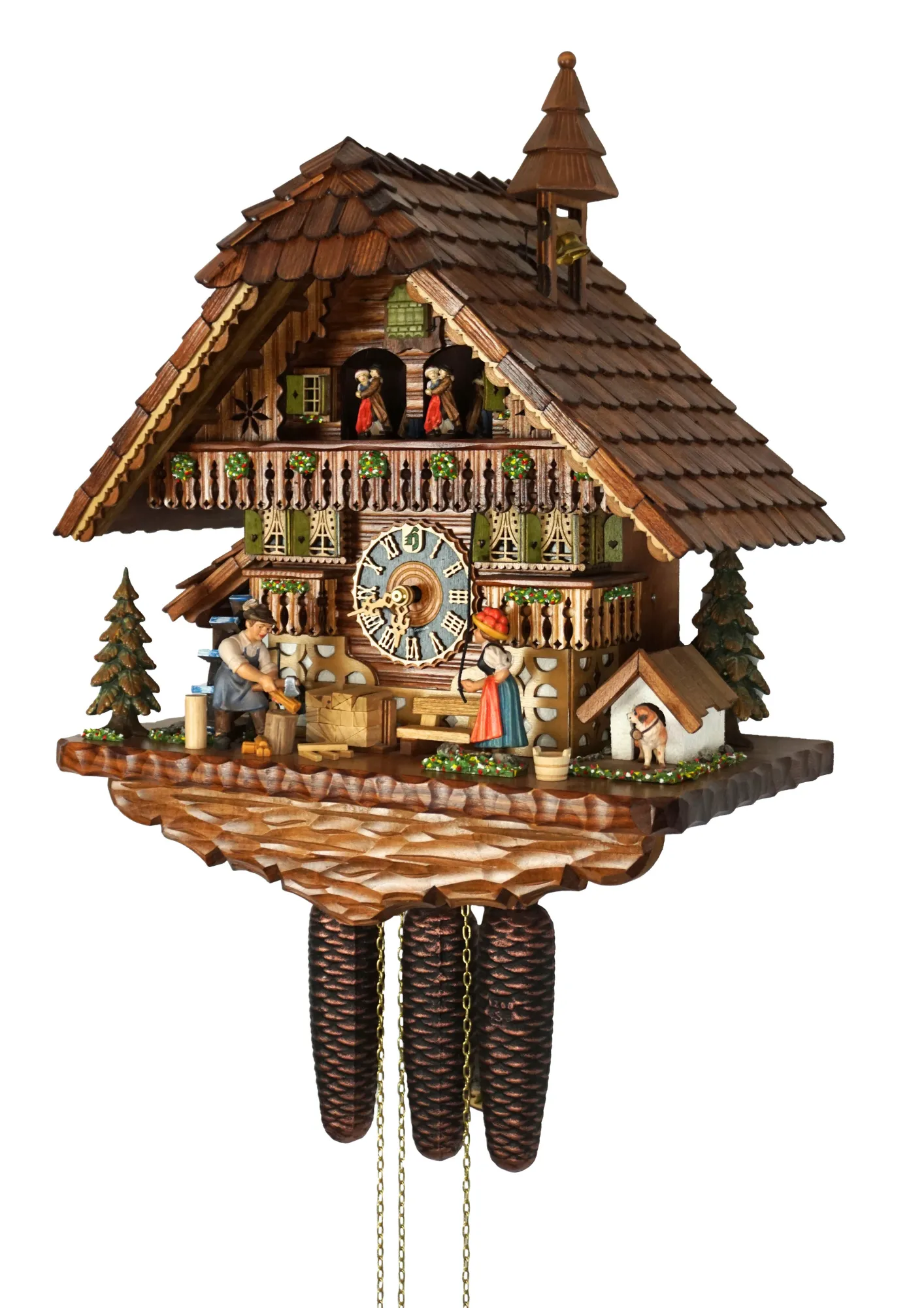 Cuckoo Clock Wood Chopper and Bell Ringer 8 Day Movement with Music (2) This very detailed black forest mechanical 8 day cuckoo clock shows a wood chopper and a bell ringer, both hand-painted and hand-carved figurines. A typical Black Forest house with people wearing traditional Black Forest clothing is a must-have motif of t
