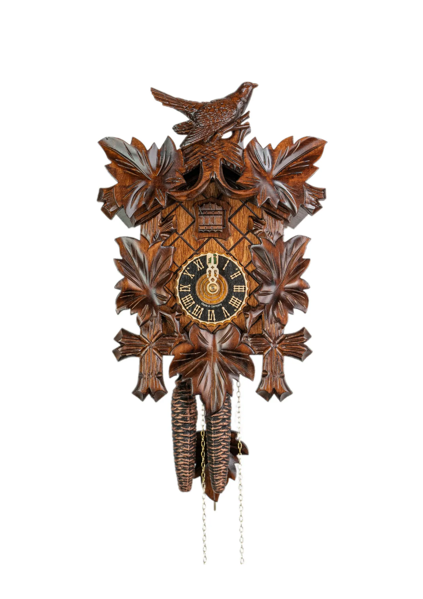Cuckoo Clock  Traditional, Cuckoo Bird  1 Day Movement (1) Authentic mechanical brown black forest cuckoo clock with nicely carved cuckoo bird decorating the top made by Hönes