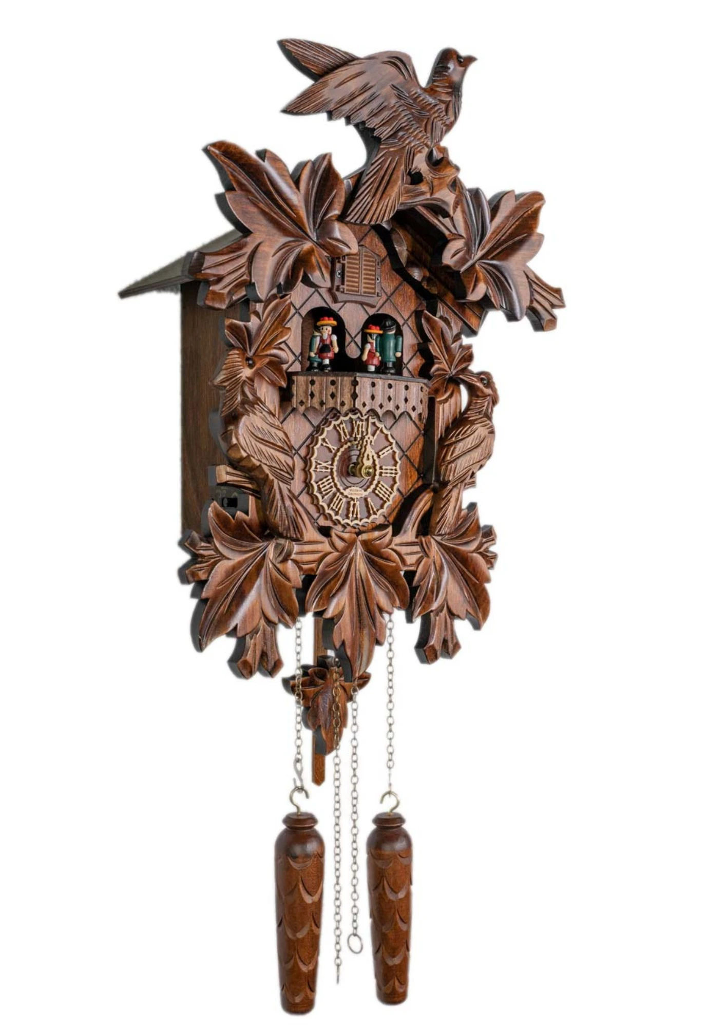 Cuckoo Clock  Traditional Style, Three Birds  Battery (2) traditional style carved cuckoo clock with ivy leaves and three birds decorating the clock, plays music and dancers turn made by Trenkle Uhren