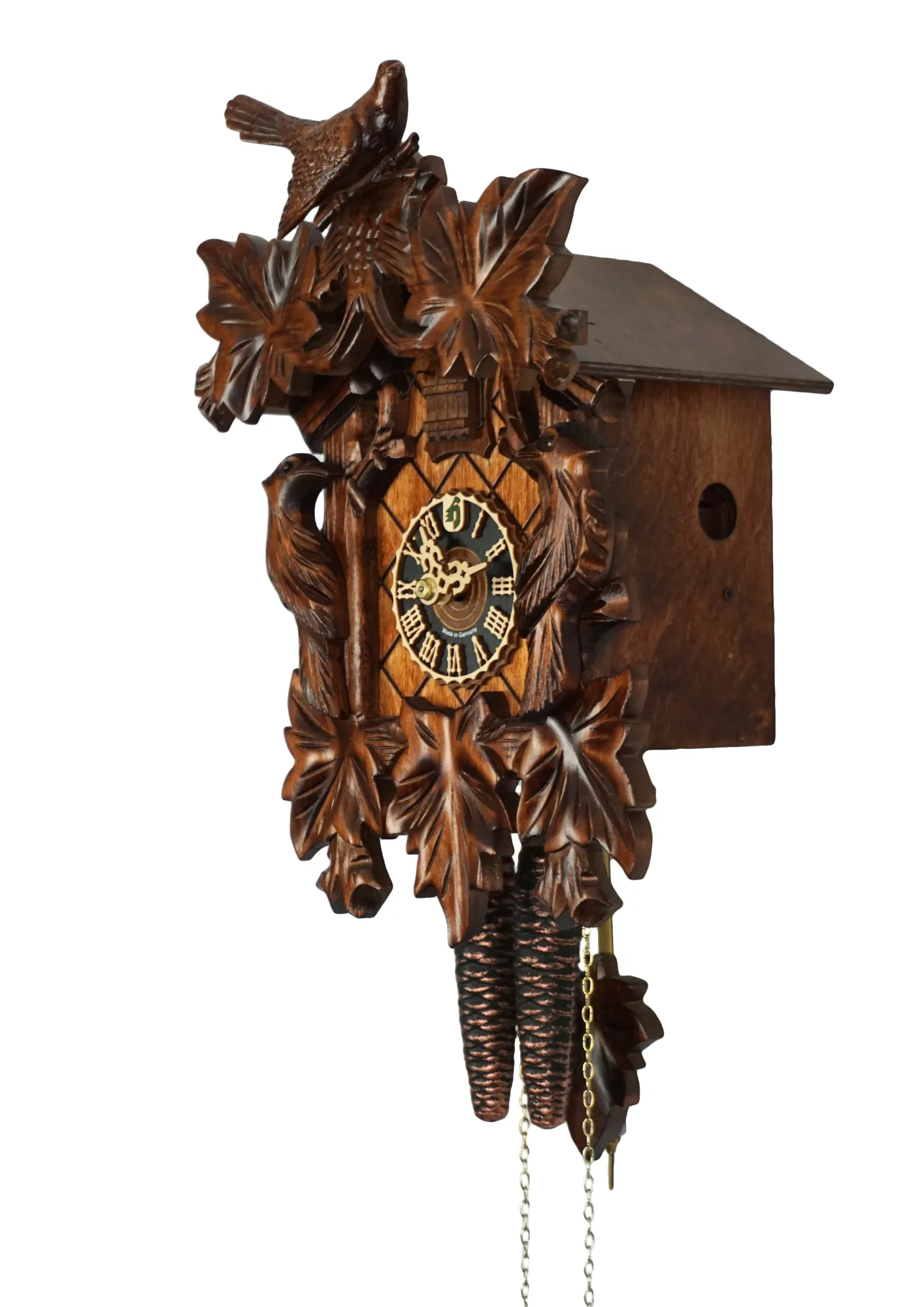 Cuckoo Clock  Traditional Style, Three Birds  1 Day Movement (2) Authentic brown mechanical black forest cuckoo clock with wood peckers, one day clockwork, made by Hönes