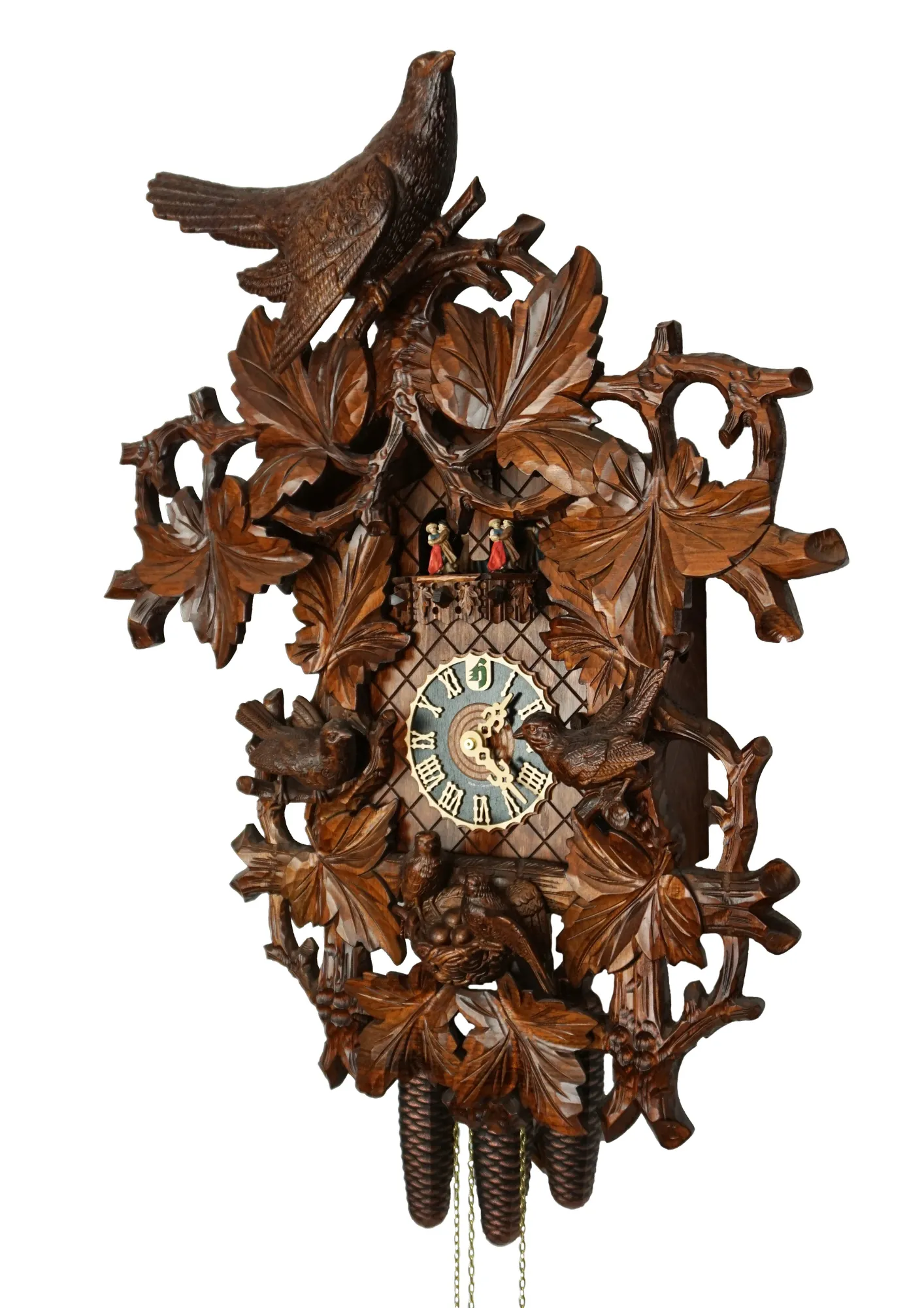 Cuckoo Clock  Birds Nest  8 Day Movement with Music (2) Authentic lager mechanical 8 day brown traditional black forest cuckoo clock hand carved to the finest detail. Decorated with five bird carvings and their nest with the offspring, this clocks represents the brid nest and wildlife in Black Forest. Made by
