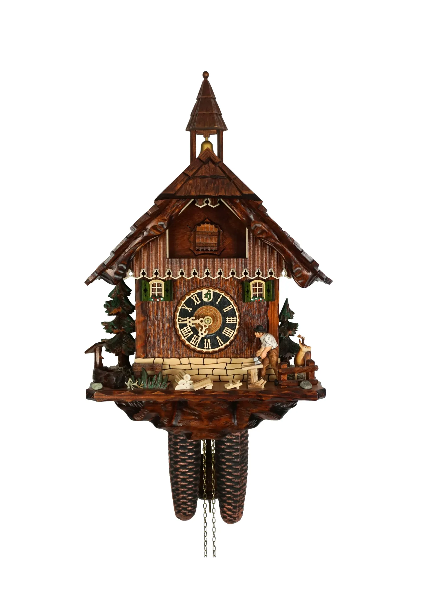 Mechanical brown black forest cuckoo clock in a chalet style with a shingle roof, the tower bell and wood chopper. He chopps the wood everytime cuckoo comes out, made by Hönes