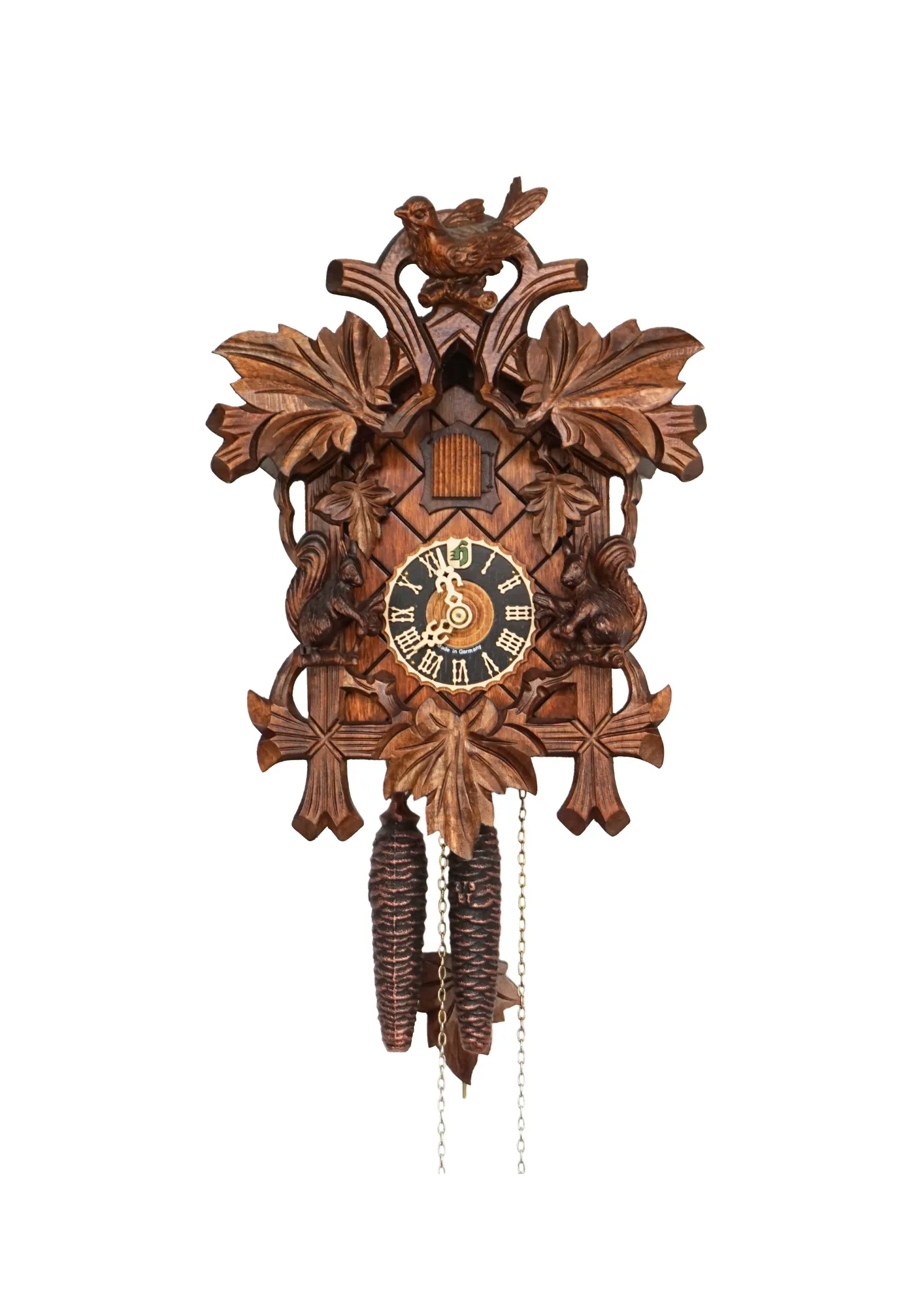 Cuckoo Clock  Wildlife  1 Day Movement (1) Hand carved traditional mechanical brown black forest cuckoo clock with squirrels and cuckoo bird carvings made by Hönes