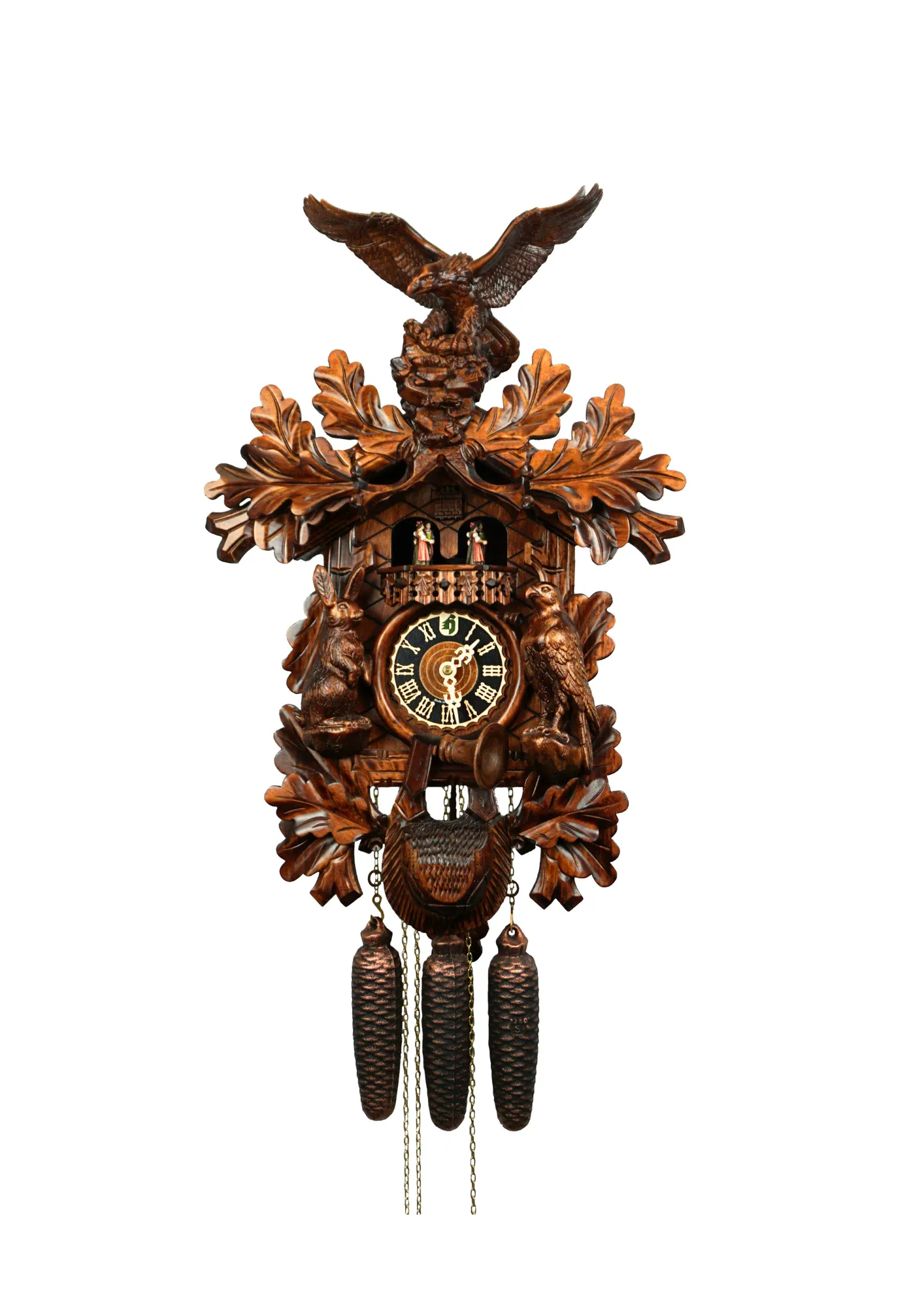 Authentic traditional brown mechanical black forest cuckoo clock decorated with oak leaves, majestic eagle, rabbit and a falcon. The dancers dance as the music is being played. Made by Hönes