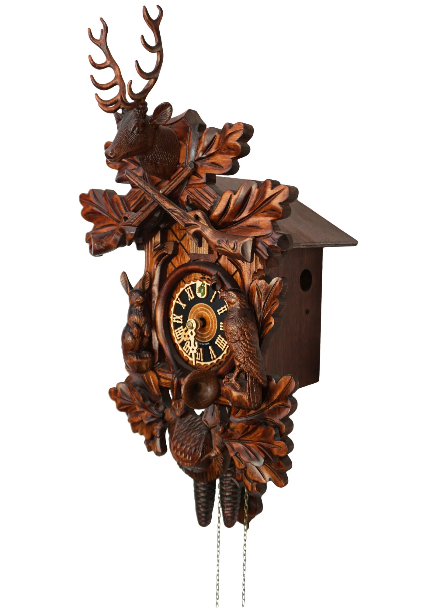 Cuckoo Clock  Hunter Clock  1 Day Movement (2) Hand carved traditional style brown mechanical black forest cuckoo clock with a hunting theme, decorated with deer head, rabbit and falcon
