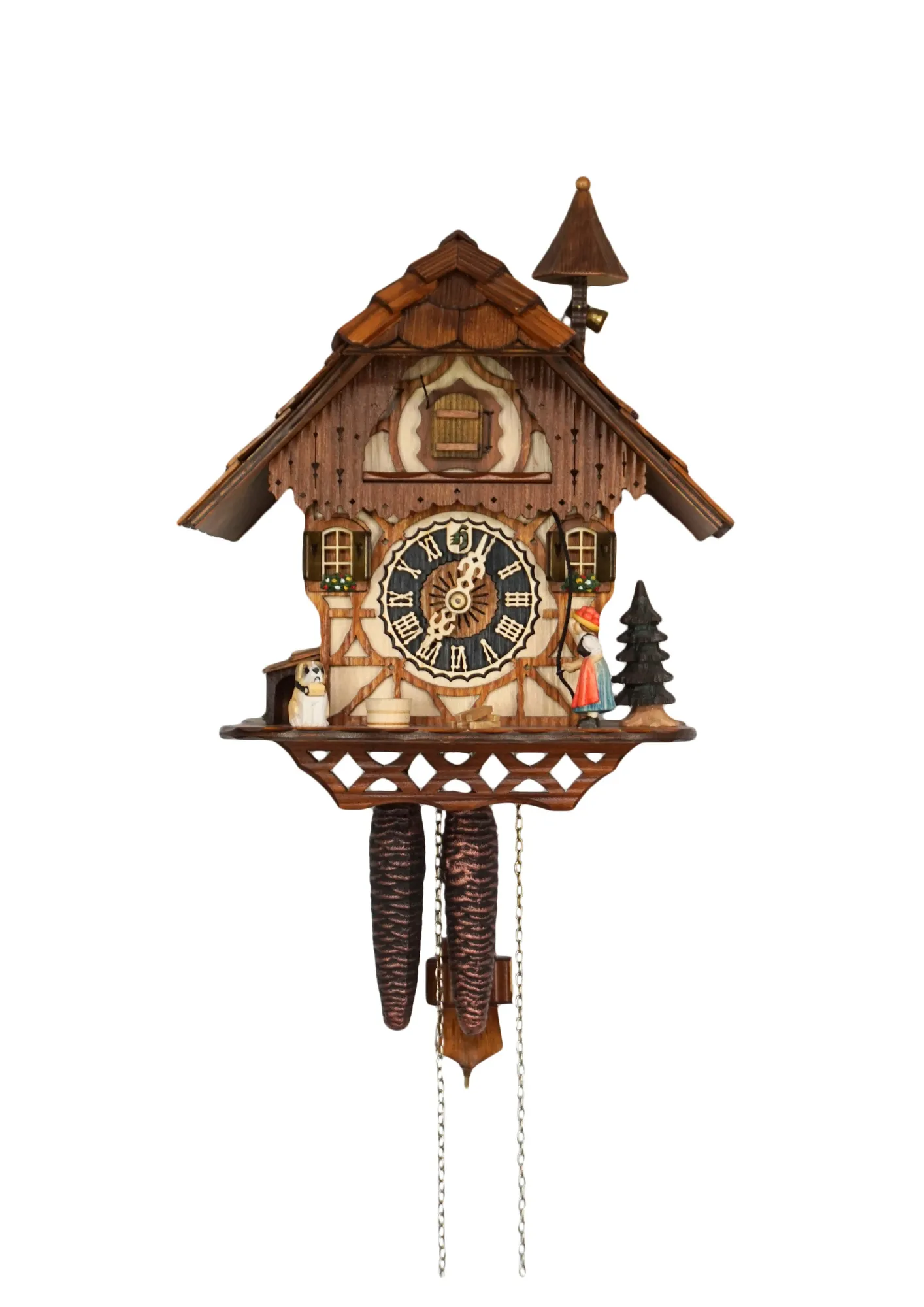 Cuckoo Clock  Bell Ringer  1 Day Movement (1) Chalet colorful authentic black forest cuckoo clock with a nice shingle roof and a lady wearing traditional black forest clothing and rings the bell every hour made by Hönes