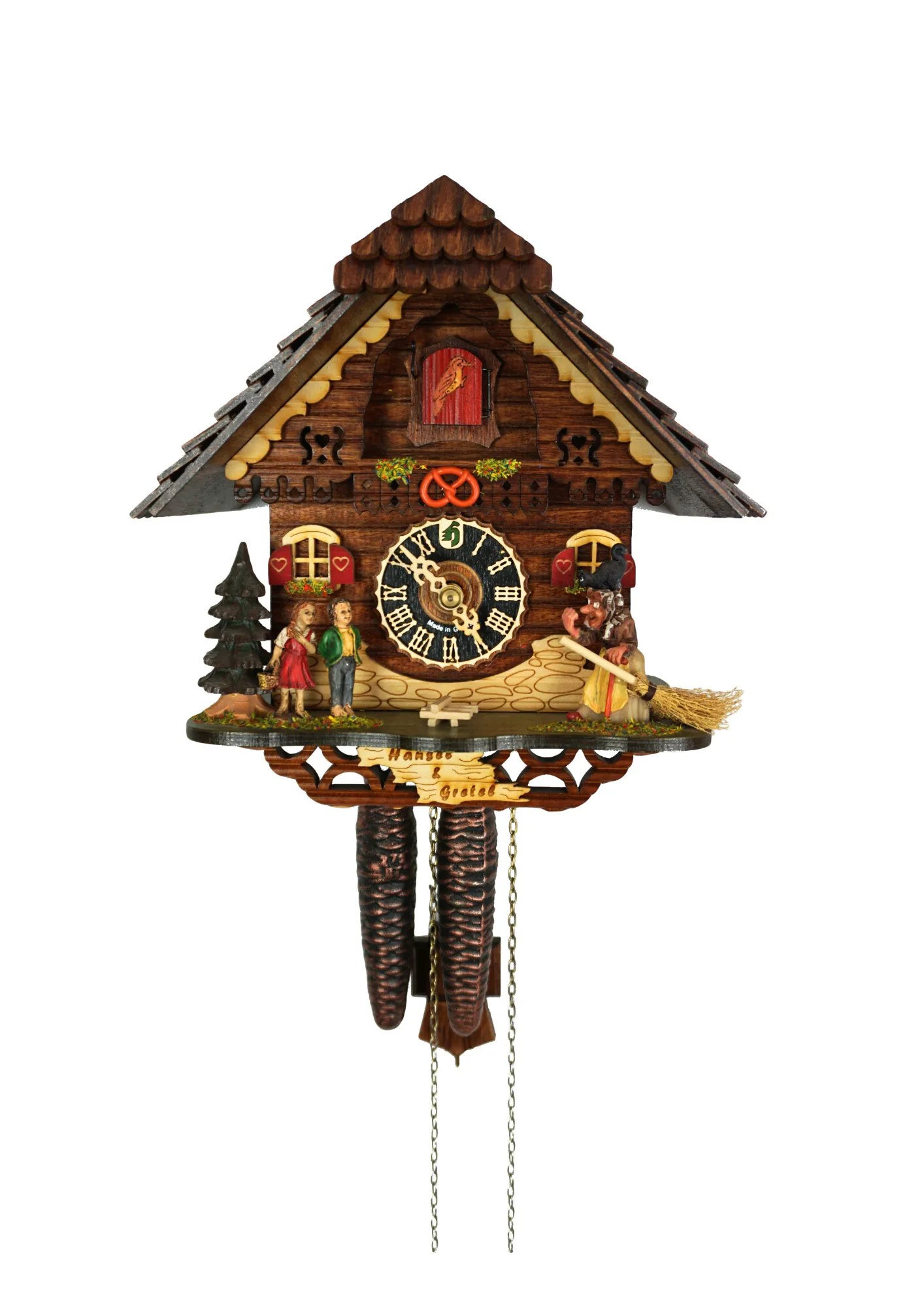 Authentic black forest cuckoo clock representing hansel and gretel story where the witch can be seen in front of the house of sweets made by Hönes