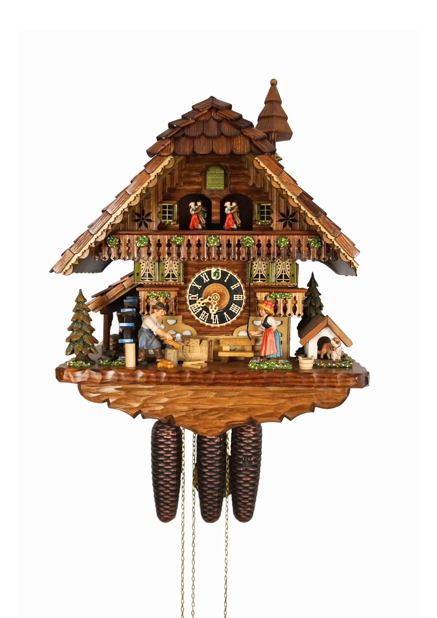 This very detailed black forest mechanical 8 day cuckoo clock shows a wood chopper and a bell ringer, both hand-painted and hand-carved figurines. A typical Black Forest house with people wearing traditional Black Forest clothing is a must-have motif of t