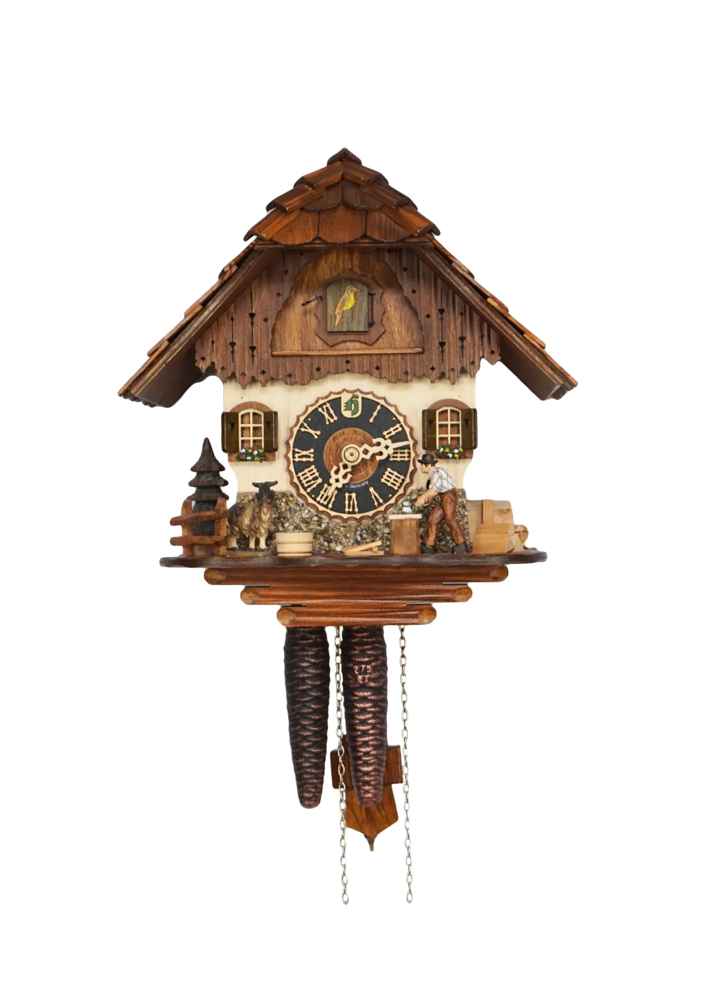 Cuckoo Clock  Wood Chopper  1 Day Movement (1) Small mechanical black forest cuckoo clock, chalet house decorated with a real stones with wood chopper and a nicely carved goat, made by Hönes