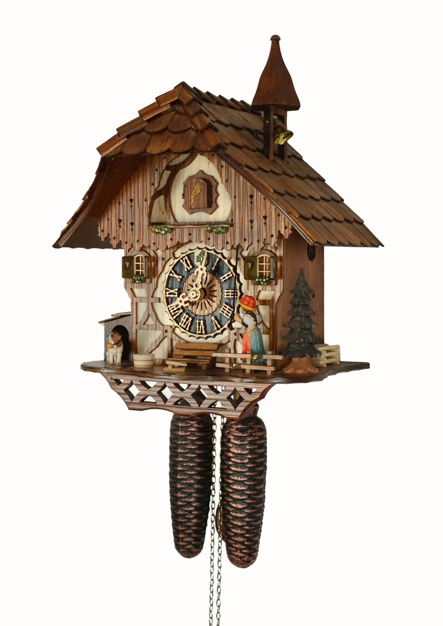 Cuckoo Clock  Bell Ringer  8 Day Movement (2) Chalet authentic black forest cuckoo clock with a bell ringer lady wearing traditional black forest dress and the red bolenhut, which means she is single lady. Black bolenhut represent married ladies. Colorful made by Hönes