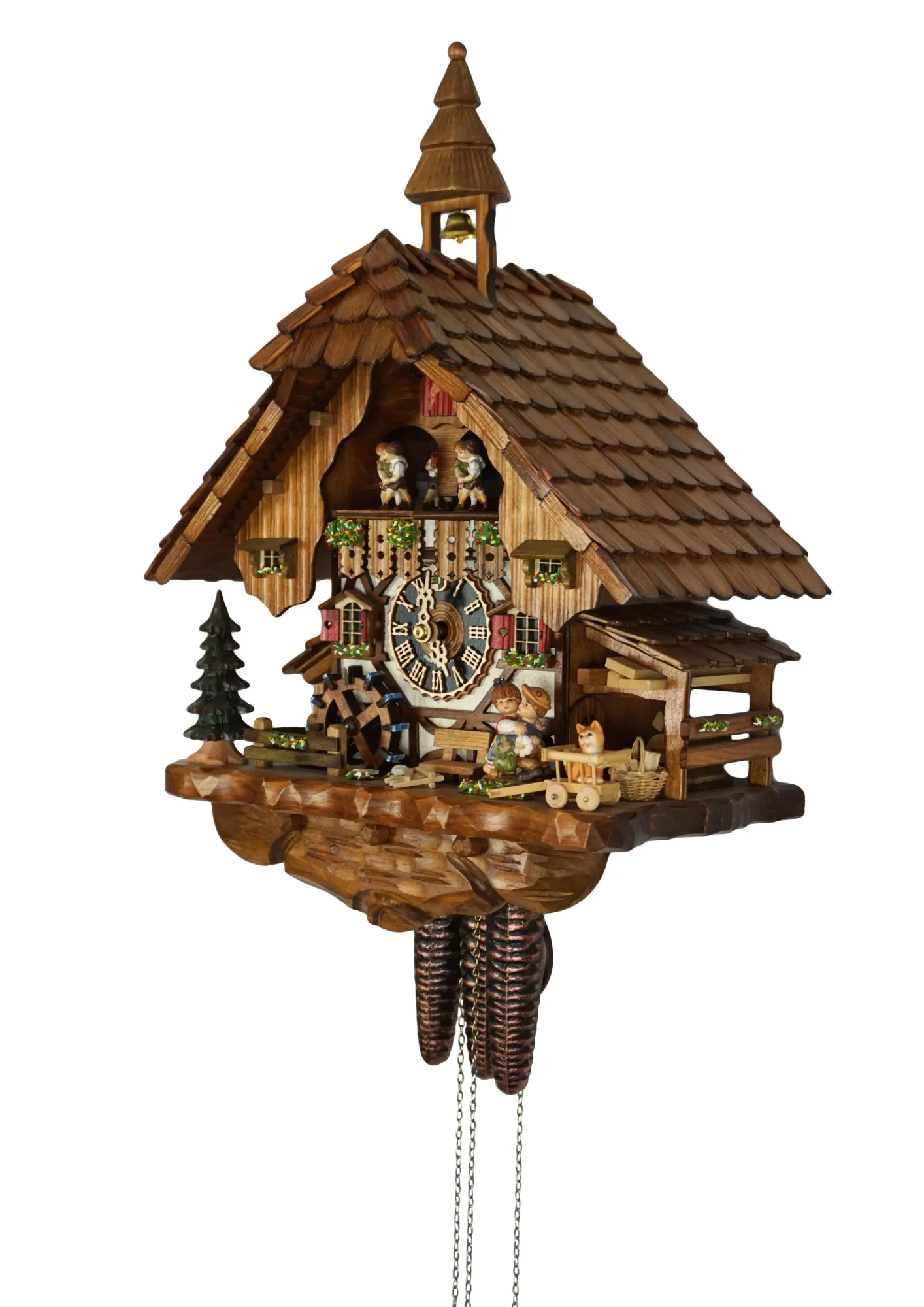 Cuckoo Clock  Kissing Kids with Music  1 Day Movement (2) Original black forest mechanical cuckoo clock carved to the finest detail, decorated with shingle roof, church tower bell, dancing and kissing kids and much more, plays music